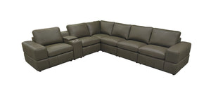 English Elm Premium Leather Match Sectional with Dual Recliners Square Arms and Console Storage Olive Green B2748S00145