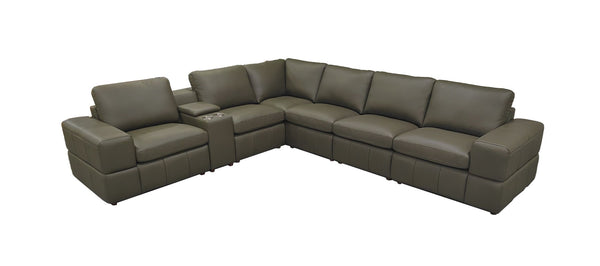 English Elm Premium Leather Match Sectional with Dual Recliners Square Arms and Console Storage Olive Green B2748S00145