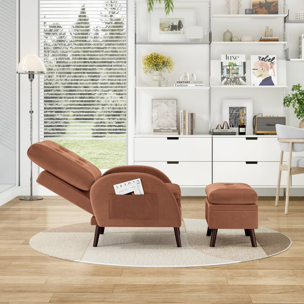 English Elm Upholstered Velvet Reclining Accent Chair with Ottoman Tufted Lounge Seating T3623P411360