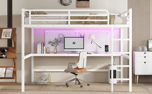 English Elm Metal Queen Loft Bed With Integrated Desk, Led Lights, Power Outlet – Stylish Space-Saver Solution W1580S00139