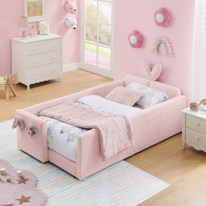 English Elm Twin Boucle Upholstered Kids Bed Whimsical Rabbit Ear Headboard with Safety Rail Pink W1413P407486