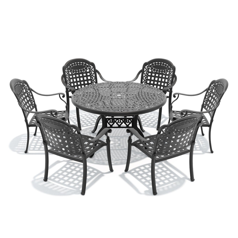 English Elm 7-piece Cast Aluminum Outdoor Dining Set European Garden Style Round Table Seats Six W1710S00633