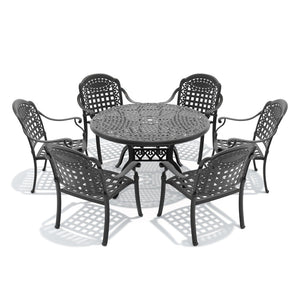 English Elm 7-piece Cast Aluminum Outdoor Dining Set European Garden Style Round Table Seats Six W1710S00633
