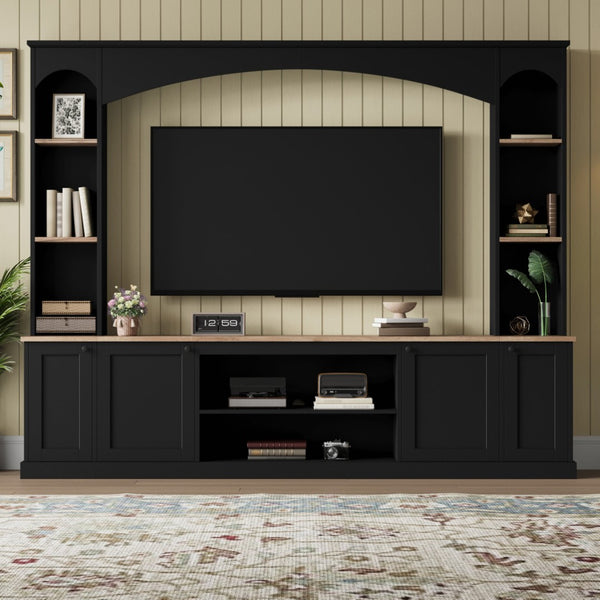 English Elm Arched Farmhouse Entertainment Center with Open Shelving for Living Room Black N721S000063B