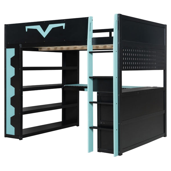English Elm Full Size Gaming Loft Bed with Desk Rgb Lighting Power Outlet and Storage Drawer Blue LT000285AAC