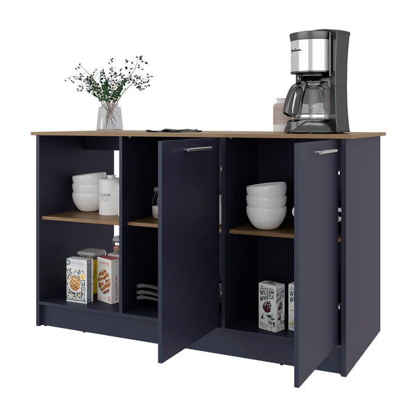 English Elm Kronos Modern Blue And Natural Oak Kitchen Island With Ample Storage, Open Shelves, And Stylish Design B062S01387