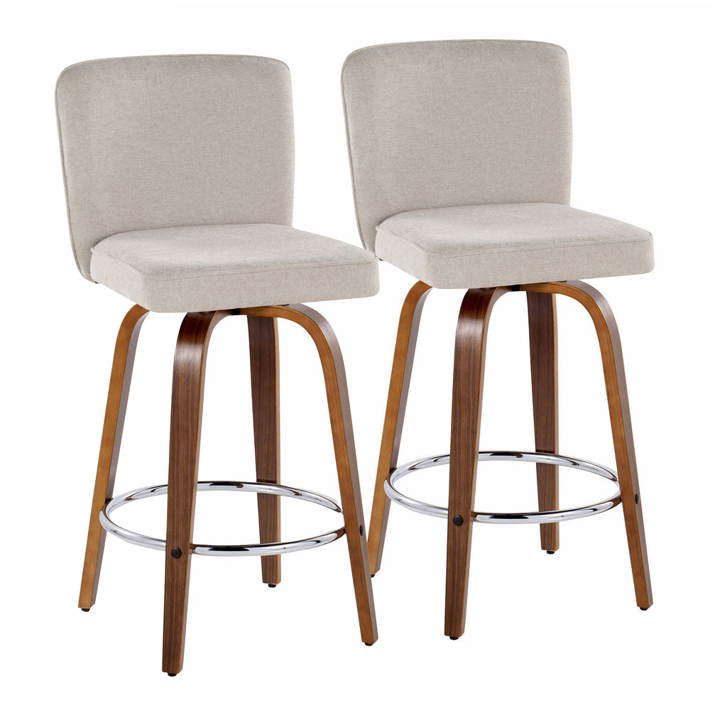 English Elm Henry 26" Contemporary Counter Stool Set of 2 — Walnut Bent Wood Legs, Beige Chevron Fabric Swivel (90 lbs) B202S00328