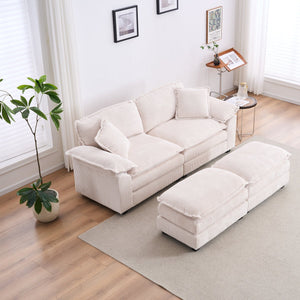 English Elm Corduroy Plush 2-Seat Sofa with 2 Back Cushions, Toss Pillows & Ottomans — Deep Seat Comfort White W2363S00062