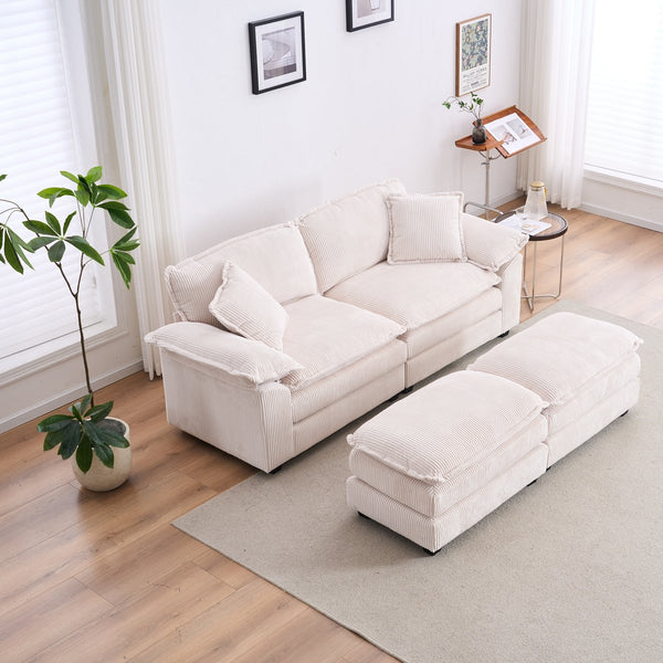 English Elm Corduroy Plush 2-Seat Sofa with 2 Back Cushions, Toss Pillows & Ottomans — Deep Seat Comfort White W2363S00062