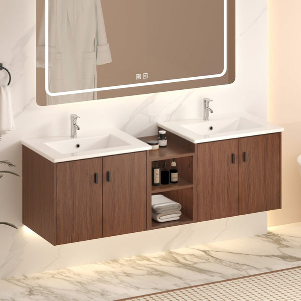 English Elm 60in Reddish Brown Mdf Bathroom Vanity with Soft Close Doors and Versatile Storage W3133S00022