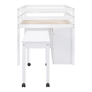 English Elm Twin Loft Bed Pinewood Frame Four Drawers Retractable Study Desk Kids Bedroom White LT000368AAK