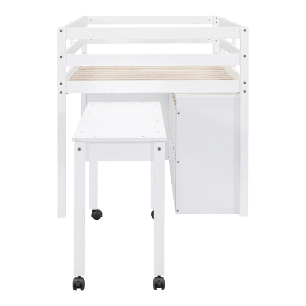 English Elm Twin Loft Bed Pinewood Frame Four Drawers Retractable Study Desk Kids Bedroom White LT000368AAK