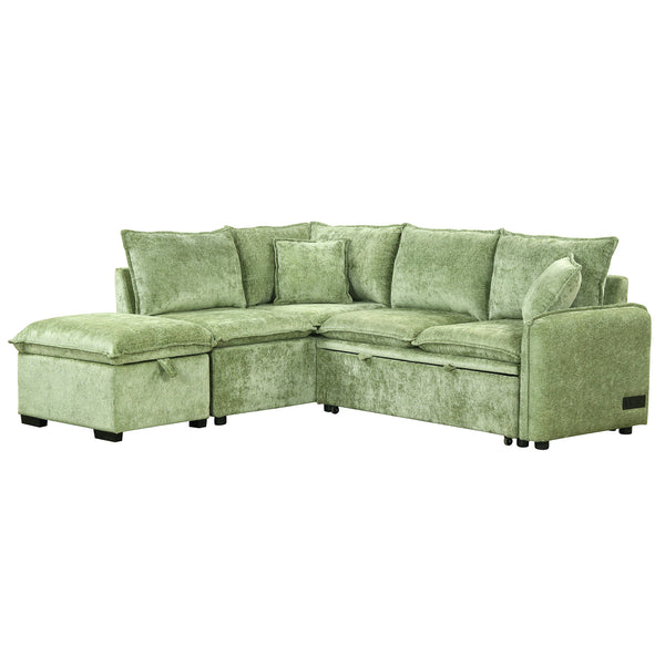 English Elm 82.67"Convertible Sofa Bed Sectional with Storage Ottoman, Power Sockets & USB Ports, Chenille Comfort Green SG001450AAF