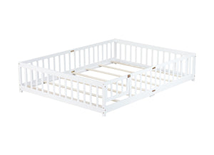 English Elm Queen Floor Bed with Safety Fence and Guardrails, Rubberwood Low Profile Platform for Kids White W504P286387