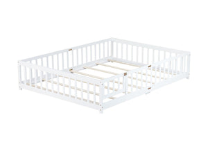 English Elm Queen Rubber Wood Floor Bed with Full Perimeter Safety Fence and Hinged Access Door White W504P429340