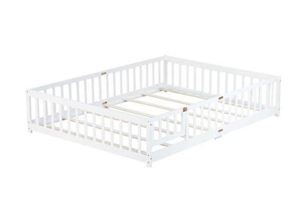 English Elm Queen Rubber Wood Floor Bed with Full Perimeter Safety Fence and Hinged Access Door White W504P429340