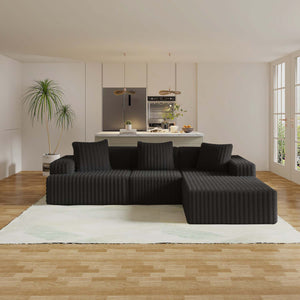English Elm Compression Sectional Couch Plush Corduroy Chaise L-Shape Sleeper, Deep Seat Modular Sofa Black W3341P346292