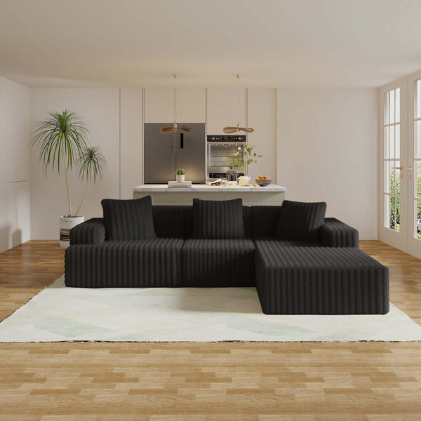 English Elm Compression Sectional Couch Plush Corduroy Chaise L-Shape Sleeper, Deep Seat Modular Sofa Black W3341P346292