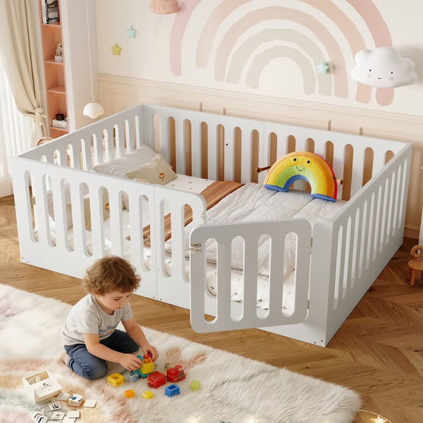 English Elm Twin Solid Pine Montessori Floor Bed with House Frame Door and Safety Fence Light White W5305P420635