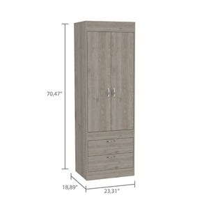 English Elm Armoire, Light Gray Double-Door Cabinet with Hanging Rod, Two Drawers, Compact FSC-Certified Storage B097P199731