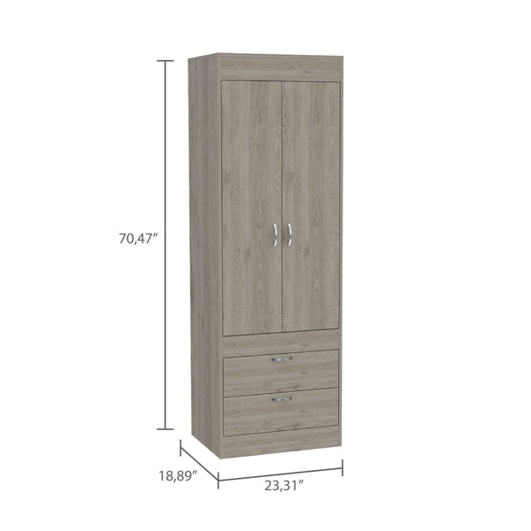 English Elm Armoire, Light Gray Double-Door Cabinet with Hanging Rod, Two Drawers, Compact FSC-Certified Storage B097P199731