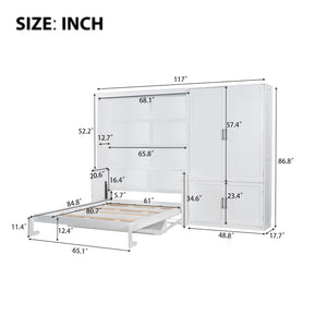 English Elm Queen Murphy Bed with Wardrobe Cabinet Hydraulic Lift Mdf Space Saving Wall Unit White LP000581AAK