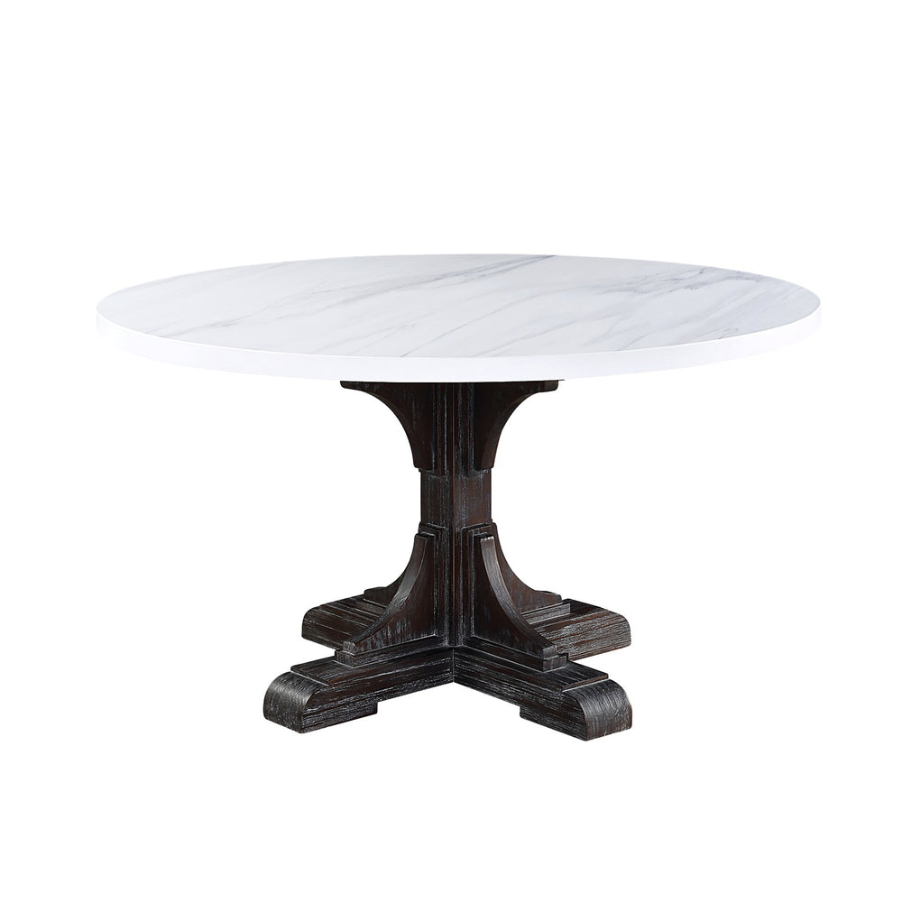 English Elm Round Elegant Pedestal Dining Table with White Faux Marble Top and Weathered Espresso Carved Base B016S00013