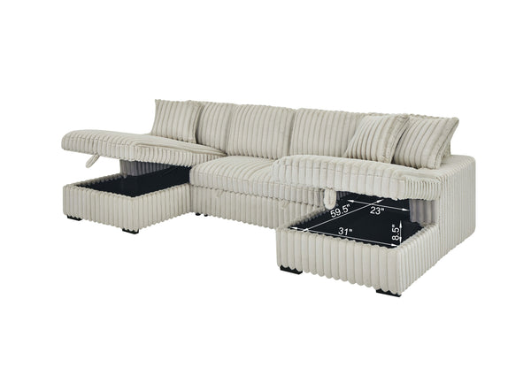 English Elm U U Shaped Sleeper Sofa with Pull-Out Bed and Hidden Chaise Storage, Plush Corduroy Comfort khaki W1417S00078