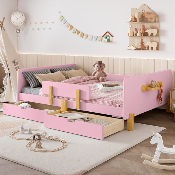 English Elm Twin Low Profile Kids Floor Bed Pine Wood Frame with Safety Rail and Built in Bookshelf Pink W1580P373245