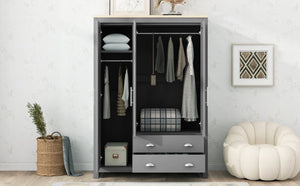 English Elm Three Door Pine Wardrobe with Two Drawers & Dual Hanging Rods, Gray Storage Armoire for Closet Organization, Sturdy MDF Build GX001834AAE