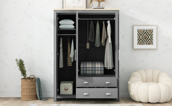 English Elm Three Door Pine Wardrobe with Two Drawers & Dual Hanging Rods, Gray Storage Armoire for Closet Organization, Sturdy MDF Build GX001834AAE