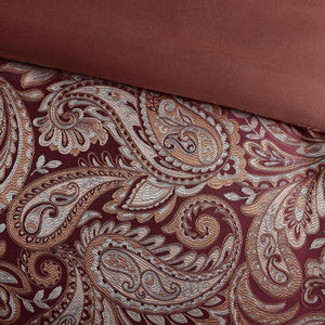 English Elm 12 Piece Comforter Set - Luxurious Burnt Red Jacquard With Cotton Sheets For California King Bed B035128828