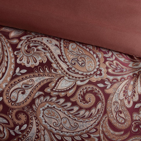 English Elm 12 Piece Comforter Set - Luxurious Burnt Red Jacquard With Cotton Sheets For California King Bed B035128828