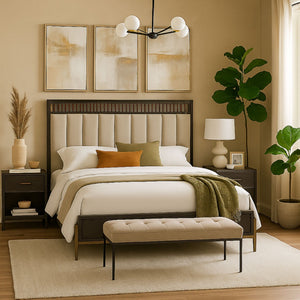 English Elm Queen Upholstered Headboard Bed Walnut Veneer Frame Transitional Bedroom Furniture B2699S00087