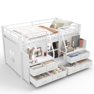 English Elm Twin Low Loft Bed with Shelves Fabric Drawers and Under Bed Study Nook Metal Frame Light White W5305S00042
