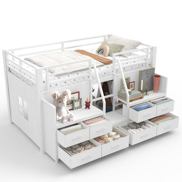 English Elm Twin Low Loft Bed with Shelves Fabric Drawers and Under Bed Study Nook Metal Frame Light White W5305S00042