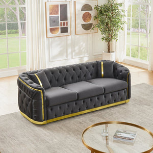 English Elm 84.6 Inch Chesterfield Velvet Tufted Sofa with Gold Steel Trim for Glam Living Rooms Gray W1191S00095