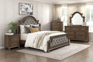 English Elm Traditional Arched Button Tufted California King Bed Gray Chenille Walnut Inlay Frame B011S02508