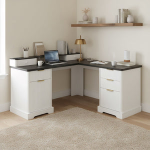 English Elm 59" Fluted Oak L-shaped Corner Desk with Charging Station Monitor Stand and File Storage White W2917S00004