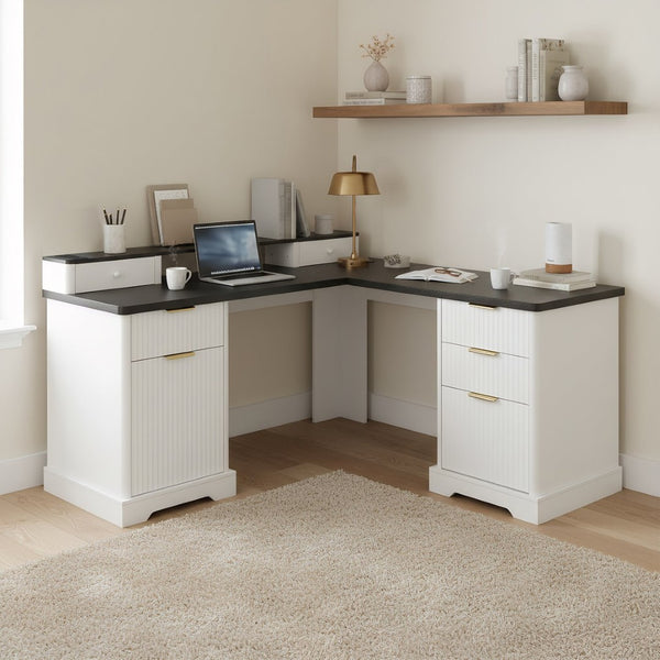 English Elm 59" Fluted Oak L-shaped Corner Desk with Charging Station Monitor Stand and File Storage White W2917S00004