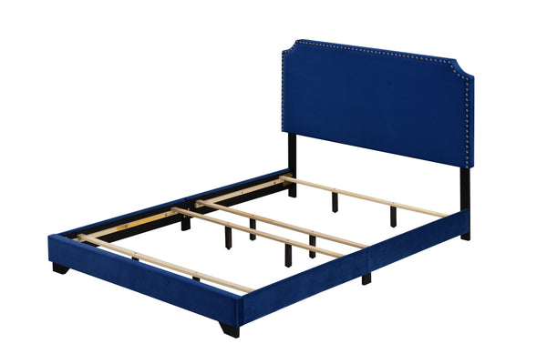 English Elm Haemon Blue Velvet Queen Bedframe — Fully Upholstered Poplar & LVL, Nailhead Trim, 660lb Capacity B2726P342796