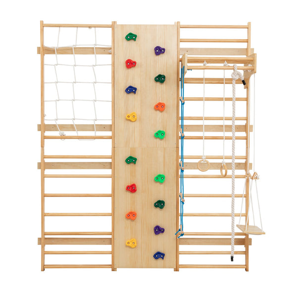 English Elm All-in-One Indoor Climbing Set with Rock Wall, Wooden Swings, Rings & Rope Ladders — Solid Wood, 220lb Capacity W1422P339563