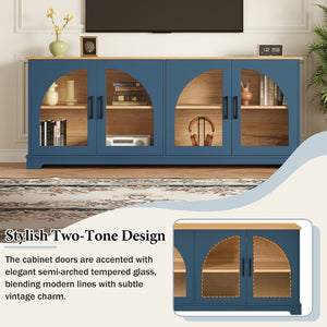 English Elm Farmhouse Media Console with Arched Glass Doors Wood Grain Two Tone Living Room Storage Blue N721P411204C