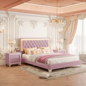 English Elm 3-Pieces Tufted Upholstered Platform Bed with Romantic LED Headboard and Two Storage Nightstands Pink 63.98 L x 23.23 W x 5.91 H N733S183659H