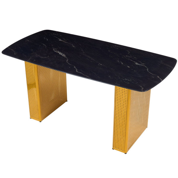 English Elm Modern Marble Glass Dining Table Gold Dual Pedestal Base Seats Eight Elegant W5123P397499