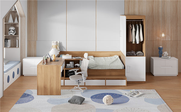 English Elm Full Size Wooden Platform Bed With 6 Drawers, Desk, Shelves & Wardrobe - Stylish Natural Finish N820S00060N