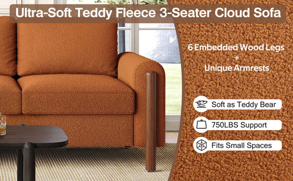 English Elm Christopher Knight Home® - 83.86" 3-Seater Sofa in Teddy Velvet with Curved Armrests & Solid Wood Legs, Plush Durable Comfort Orange N765P331021Y