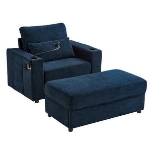 English Elm Modern Multifunctional Armchair with Chaise Lounge, Hidden Ottoman Storage, USB Ports & Cup Holders Blue N719P292700C