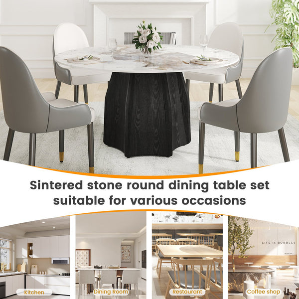 English Elm 59.05" Round Marble Dining Table For 6-8 People - Modern Artificial Stone With Black Oak Base W1535S00459