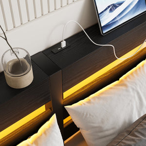 English Elm Full Metal Bed Frame with Wooden Headboard, USB Charging, RGB App Lighting, Large Under-Bed Storage Black W840P209906